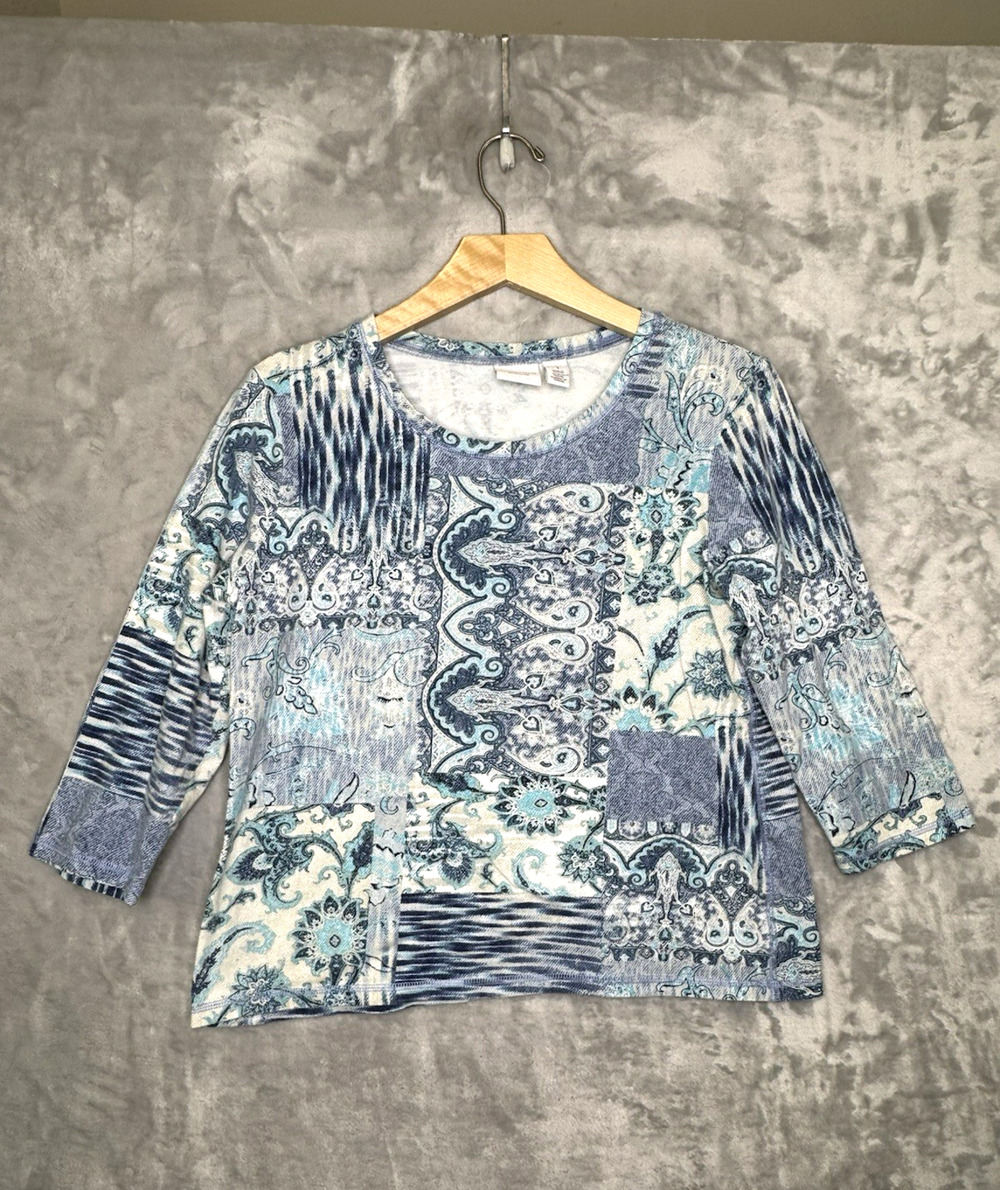 Chicos Weekends Top Womens Size M Blue White Mixed Print Cotton Stretch 3/4 Slv
